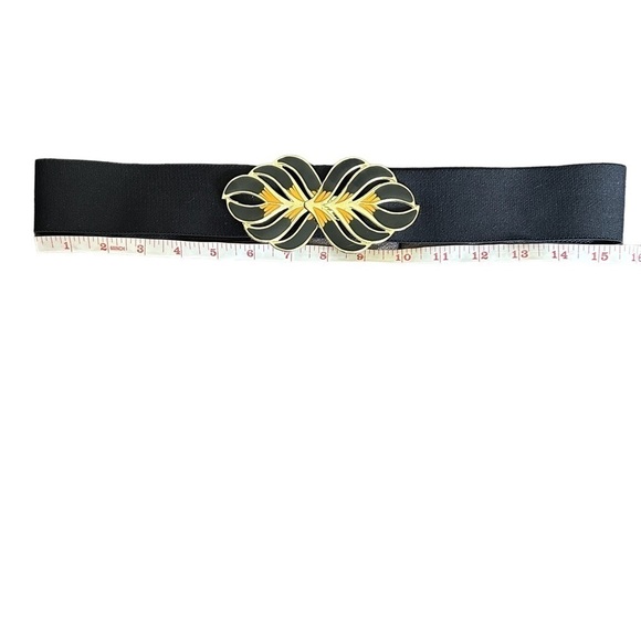 Vintage 80’s Black Adjustable Stretch Enamel Cloisonné Statement Buckle Belt - Picture 8 of 16